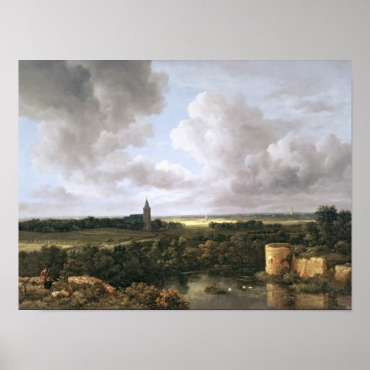 Landschaft mit Ruiniertem Schloss und Kirche Poster (Vorne)