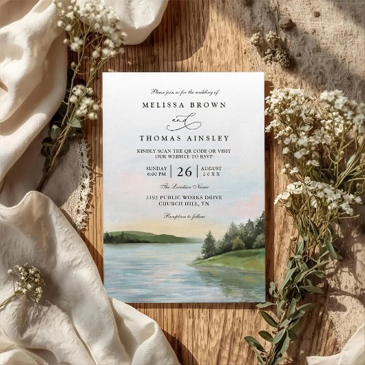 Landschaft mit rustikalem Waldsee Hochzeit QR-Code Einladung