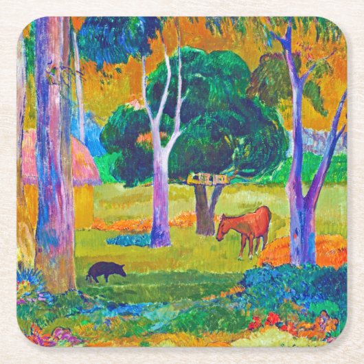 Landschaft mit Schweinefleisch und Pferd, Gauguin Rechteckiger Pappuntersetzer (Vorderseite)