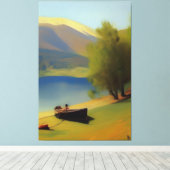 Landschaft mit See, Boot und Berge Leinwanddruck (Insitu (Holzboden))