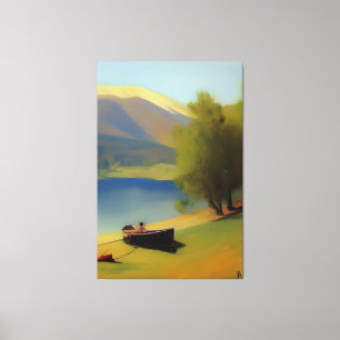 Landschaft mit See, Boot und Berge Leinwanddruck