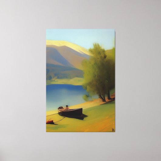 Landschaft mit See, Boot und Berge Leinwanddruck (Vorderseite)