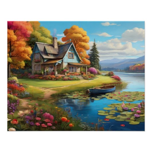 Landschaft mit See neben Hütte-4455 Poster (Vorderseite)