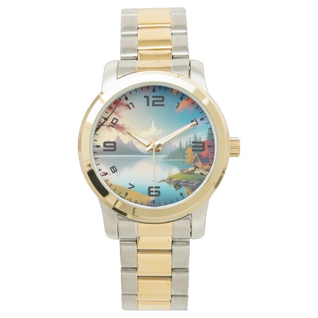 Landschaft mit See und Hütte Armbanduhr (Vorderseite)