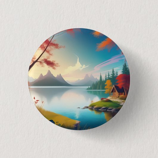 Landschaft mit See und Hütte Button (Vorderseite)