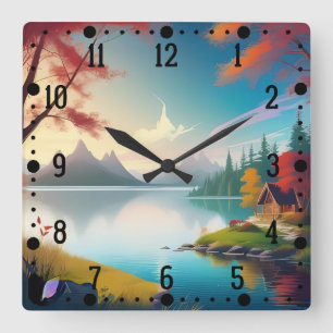 Landschaft mit See und Hütte Quadratische Wanduhr