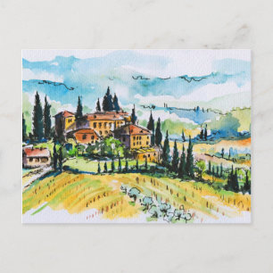 Landschaft mit Stadt und Zypressen Postkarte