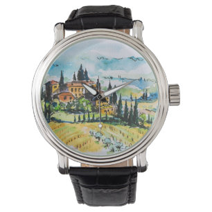 Landschaft mit Stadt- und Zypressenbäumen Armbanduhr