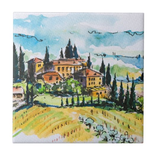 Landschaft mit Stadt- und Zypressenbäumen Fliese (Vorderseite)