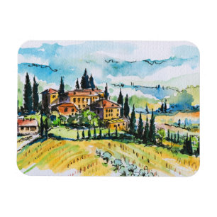 Landschaft mit Stadt- und Zypressenbäumen Magnet