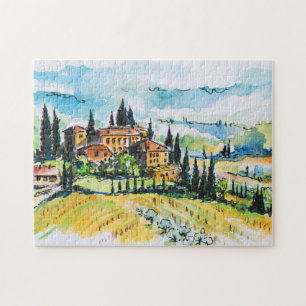 Landschaft mit Stadt- und Zypressenbäumen Puzzle