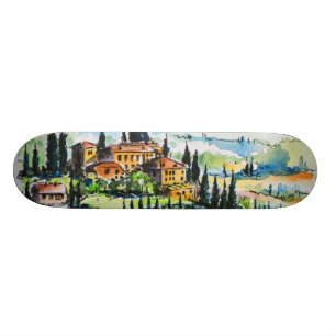 Landschaft mit Stadt- und Zypressenbäumen Skateboard