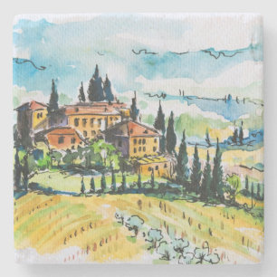 Landschaft mit Stadt- und Zypressenbäumen Steinuntersetzer