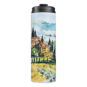 Landschaft mit Stadt- und Zypressenbäumen Thermosbecher