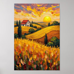 Landschaft mit vintage-Sonnenuntergang auf Bauernh Poster