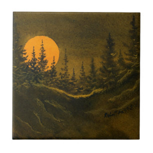 Landschaft nächtlichen Mond und Kiefern Kacheln. Fliese
