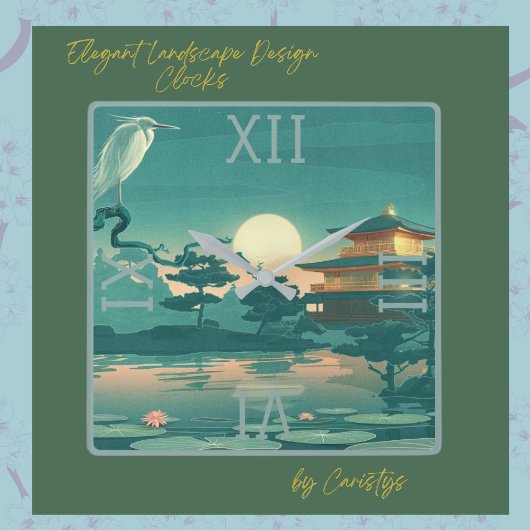 Landschaft Szene Pagoda Krane Platz Wand Uhr