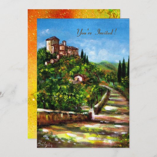 LANDSCHAFT TUSKANIEN, rot-gelb-goldfarbene Glitzer Einladung (Vorne/Hinten)