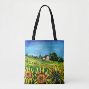 LANDSCHAFT UND SONNENBLUMEN IN DER Toskana Tasche