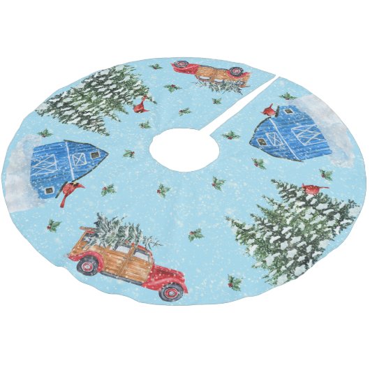 Landschaft Vintager roter Lkw, Stall, Holz Polyester Weihnachtsbaumdecke (Schrägansicht)