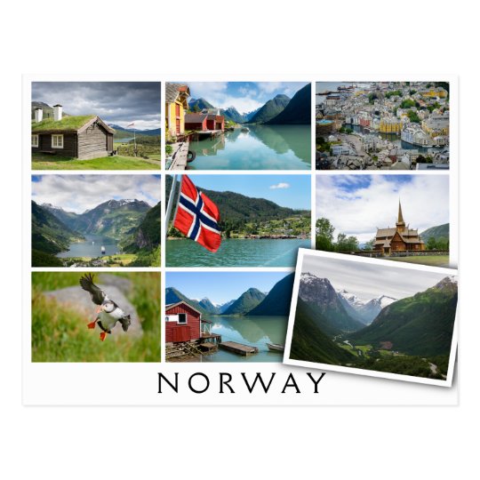 Landschaften und der Text: "Norwegen" in der Postkarte