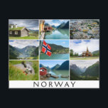 Landschaften und der Text: "Norwegen" in Kollage Postkarte<br><div class="desc">Postkarte mit einer Collage von neun Fotos aus Landschaften der Fjorde,  Bootshäuser,  Boote,  Stufenkirche,  Puffin,  Berge und Häuser in Alesund im skandinavischen Land Norwegen mit einem weißen Rahmen und dem Text: "Norwegen".</div>
