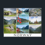 Landschaften und der Text: "Norwegen" in Kollage Postkarte<br><div class="desc">Postkarte mit einer Collage von neun Fotos aus Landschaften der Fjorde,  Bootshäuser,  Boote,  Stufenkirche,  Puffin,  Berge und Häuser in Alesund im skandinavischen Land Norwegen mit einem weißen Rahmen und dem Text: "Norwegen".</div>