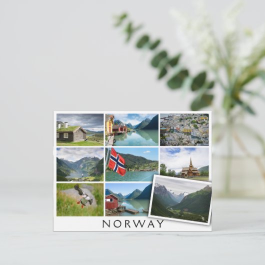 Landschaften und der Text: "Norwegen" in Kollage Postkarte (Stehend Vorderseite)