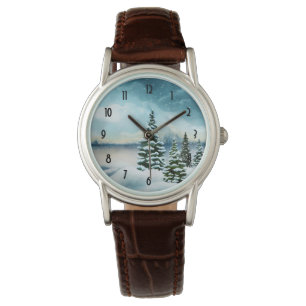Landschaftlich Winter Wonderland Aquarellmalerei Armbanduhr