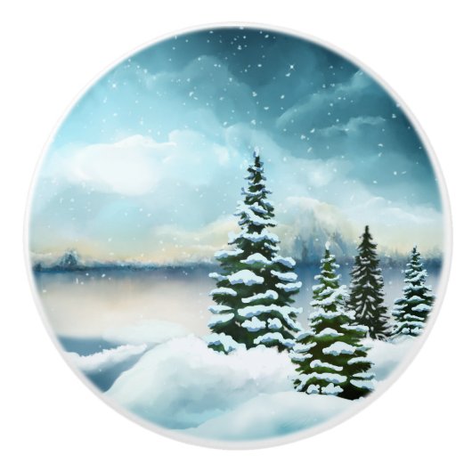 Landschaftlich Winter Wonderland Aquarellmalerei Keramikknauf (Vorderseite)