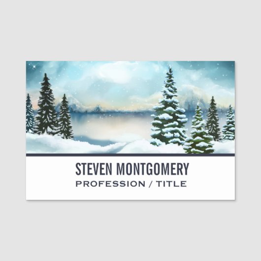 Landschaftlich Winter Wonderland Aquarellmalerei Namensschild (Vorderseite)