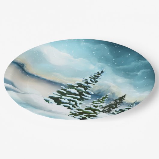 Landschaftlich Winter Wonderland Aquarellmalerei Pappteller (Schrägansicht)