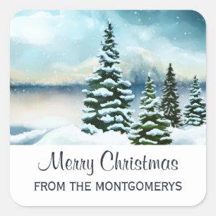 Landschaftlich Winter Wonderland Aquarellmalerei Quadratischer Aufkleber