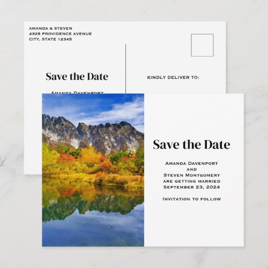 Landschaftliche Berge und See Save the Date Einladungspostkarte (Vorne/Hinten)
