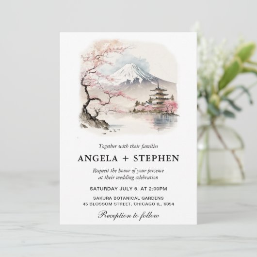Landschaftliche Hochzeit mit japanischem Fuji und Einladung (Stehend Vorderseite)
