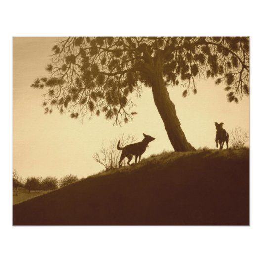 landschaftliche Hunde im Park Sepia Landschaft Kun Poster (Vorderseite)