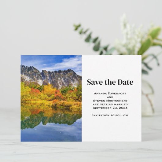 Landschaftliche Landschaft Bergsee Hochzeit Save The Date (Stehend Vorderseite)
