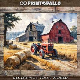 Landschaftliche Landschaft mit Scheune und Traktor Seidenpapier