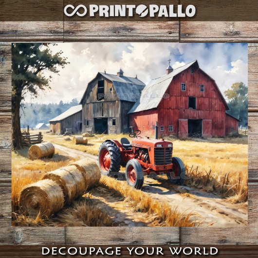 Landschaftliche Landschaft mit Scheune und Traktor Seidenpapier