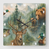 Landschaftliche Natur Hirsche, Bären, Enten, Wildw Quadratische Wanduhr (Vorderseite)
