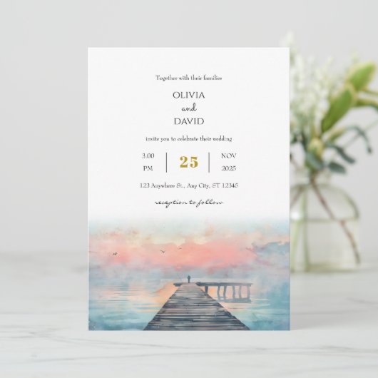 Landschaftliche Pastel Dawn Angeln Pier Art Beach Einladung (Stehend Vorderseite)