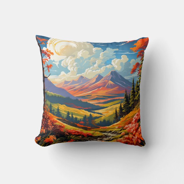 Landschaftliche Valley-Landschaft-Illustration Kissen (Vorderseite)