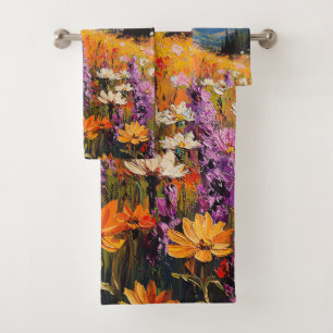 Landschaftliche Wildblumen und Berge Fine Art Badhandtuch Set