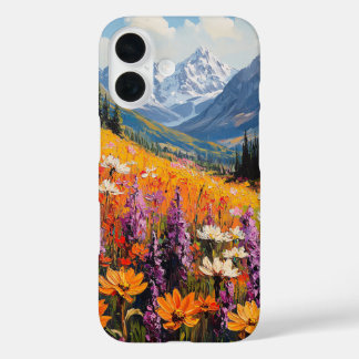 Landschaftliche Wildblumen und Berge Kunst und Kul iPhone 16 Hülle