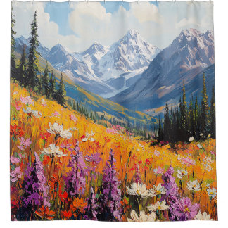 Landschaftliche Wildblumen und Berge Kunst und Kul Duschvorhang