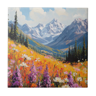 Landschaftliche Wildblumen und Berge Kunst und Kul Fliese
