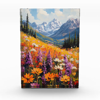 Landschaftliche Wildblumen und Berge Kunst und Kul Fotoblock