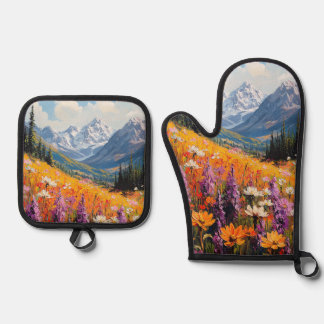 Landschaftliche Wildblumen und Berge Kunst und Kul Ofenhandschuh & Topflappen-Set