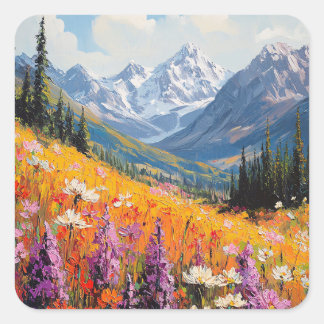 Landschaftliche Wildblumen und Berge Kunst und Kul Quadratischer Aufkleber