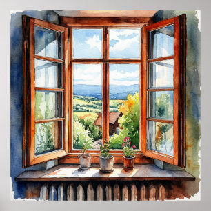 Landschaftlicher Blick durch sonniges Fenster Poster
